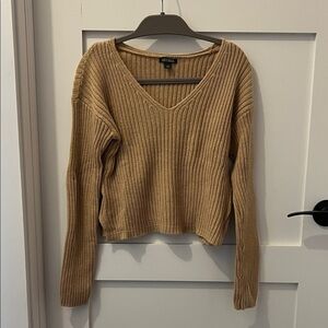 Wild Fable Cropped Tan V-Neck Ribbed Sweater